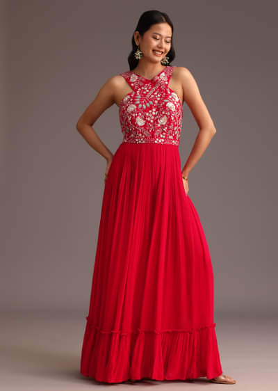 Red Embroidered Jumpsuit With Belt