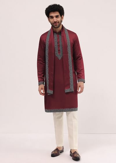 Buy Black Kurta Set In Resham Work With Dupatta For Men