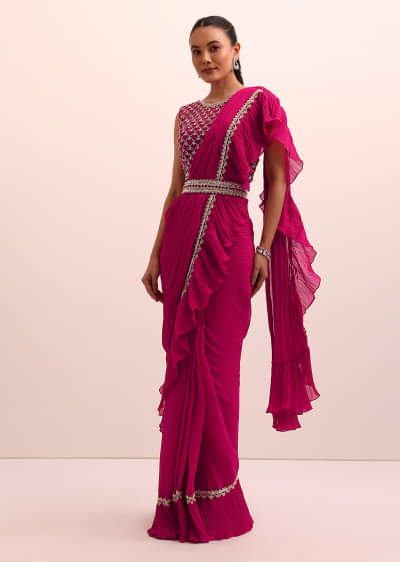 Magenta Pink Pre Drape Frill Saree With Belt And A Stitched Blouse