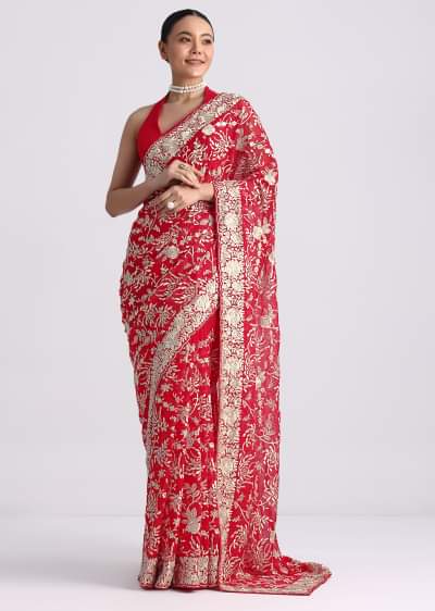 Buy Red Orange Dual Tone Chinon Heavy Embroidered Saree