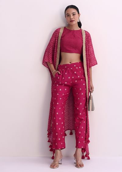 Buy Blue Silk Crop Top And Pant Set With Bandhani Print Jacket