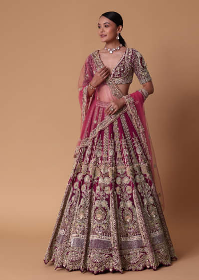  Red Velvet Raw Silk 16 Kali Zardosi Lehenga With Pearl Blouse Set