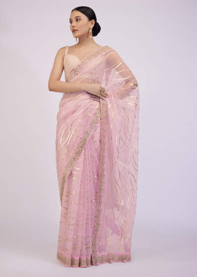Onion Pink Saree In Organza With Foil Print And Embroidery