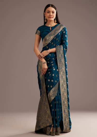 Royal Blue Jaquard Silk Saree With Zari Butti And Brocade Border