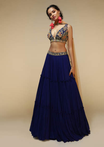 Royal Blue Lehenga Choli With Plunging Neckline And Hand Embroidered Using Multi Colored Beads And Resham 