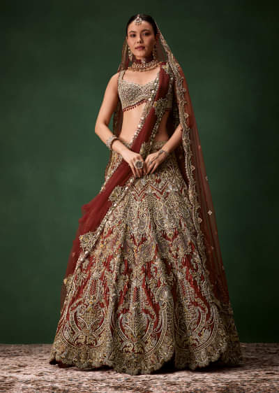 Rust Bridal Silk Embellished Lehenga Set with  Two Dupattas