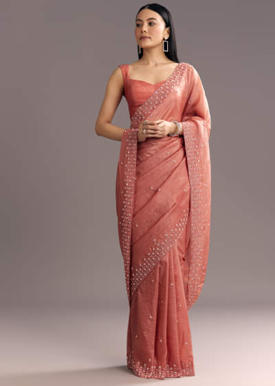 Rust Brown Crushed Tissue Cutdana And Sequin Embroidered Saree