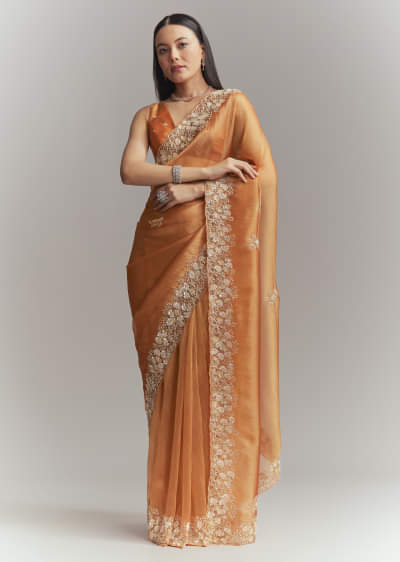 Rust Orange Georgette Embroidered Saree With Heavy Hand Embroidery