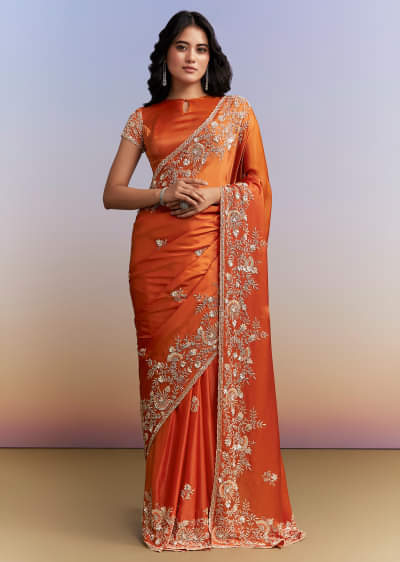 Rust Orange Satin Saree With Heavy Hand Embroidery