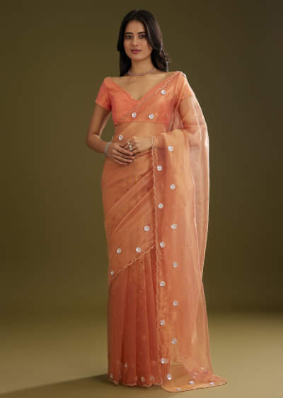 Rust Pink Tissue Floral Embroidered Saree With Cutdana Scallop Border