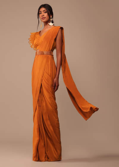 Rust Orange Pre Drape Saree With Fancy Ruffle Blouse And Embroidered Belt