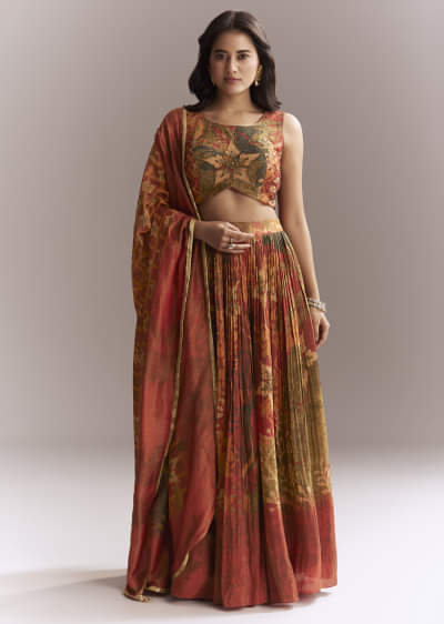Rust Orange Tissue Lehenga Choli With Floral Print