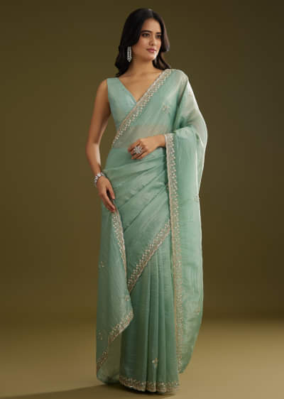 Sage Blue Crush Tissue Stone And Sequin Embroidered Saree With Scallop Border
