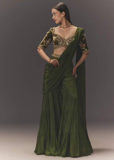 Seaweed Green Hand Embroidered Drape Pallu Style Sharara Set