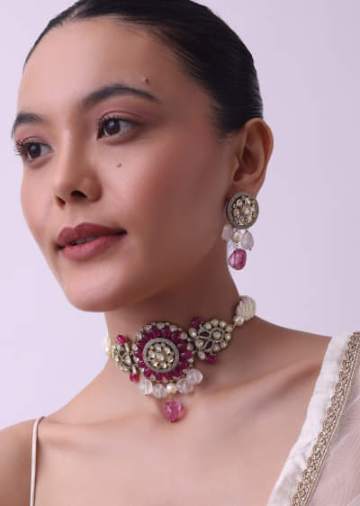 Two Tone Kundan Choker And Earring Set With Red And Pink Stones-Pink