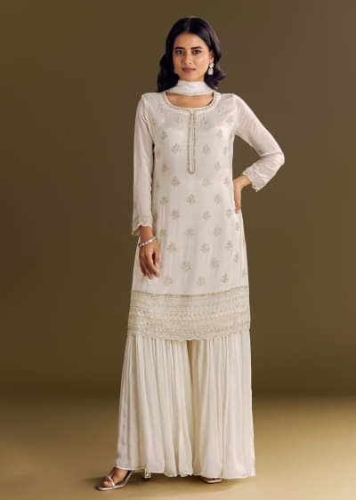 White Chinon Cutdana Kurta Sharara With Moti Work Dupatta