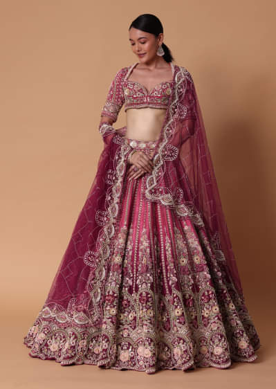  Red Velvet Silk 16 Kali Zardosi Lehenga With Crystal Blouse And Two Dupattas