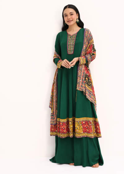 Green Embroidered Satin Kurta Palazzo With Dupatta