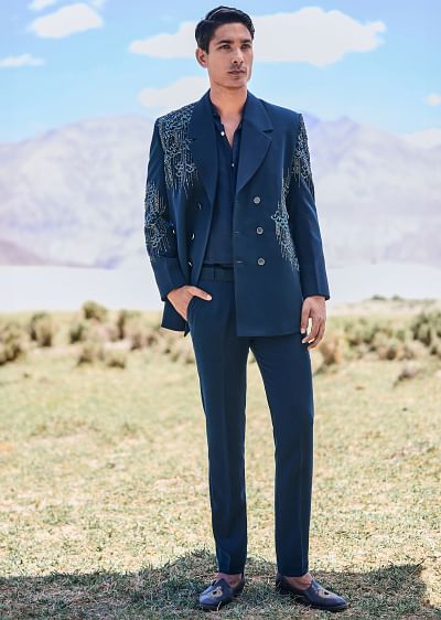 Buy Sky Blue Heavy Hand Embroidered Bandi Jacket Set With Kurta Fusing Pants KALKI Fashion India