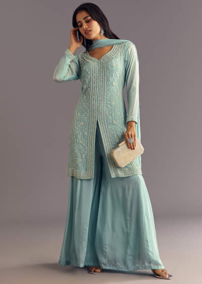 Sky Blue Chinon Kurta Dupatta Set With Moti And Cutdana Work