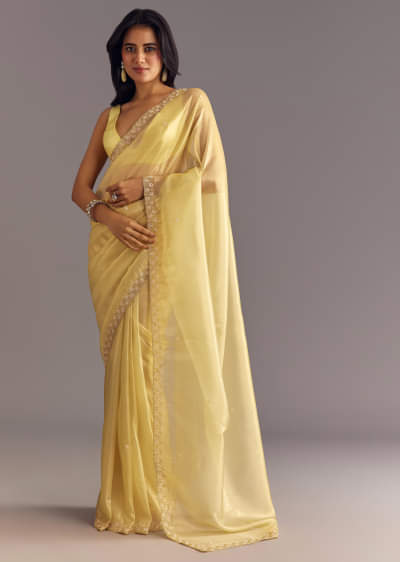 Gold Glossy Tissue Saree With Floral Cutdana And Moti Embroidery
