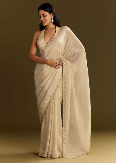 White Tissue Saree With Cutdana And Beads Scallop Border