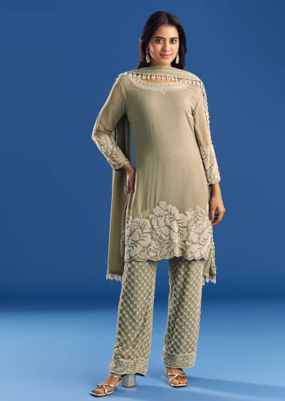 Green Beaded Kurta Pant Set With Dupatta In Georgette