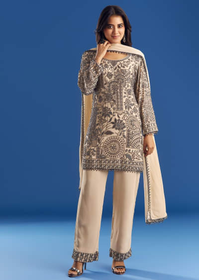 Buy Beige Asymmetrical Georgette Beaded Kurta Pant Set With