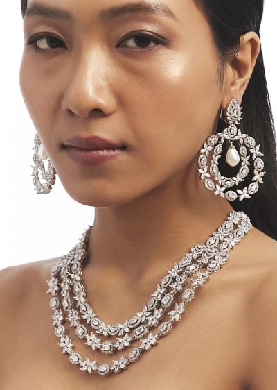 Buy Silver And Green Stone Studded Necklace Set Buy Silver And Green Stone Studded Necklace Set