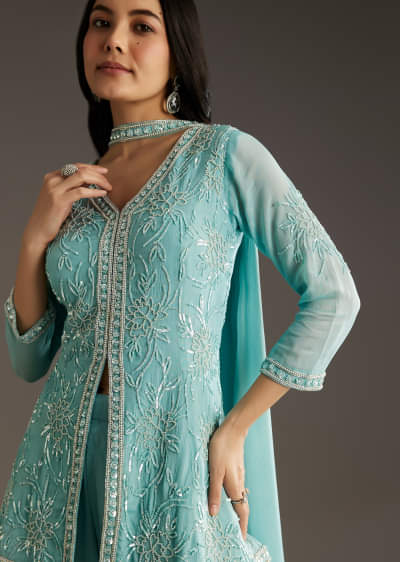 Sky Blue Chinon Front Slit Kurta Palazzo Set With Choker Style Dupatta