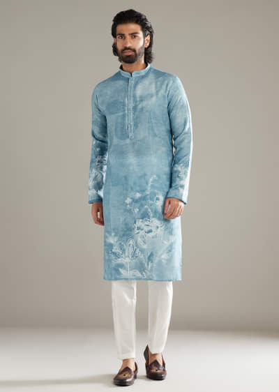 Sky Blue Kurta Set For Men With Printed Floral Motifs
