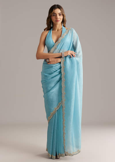 Sky Blue Tissue Saree With Scallop Border Embroidery