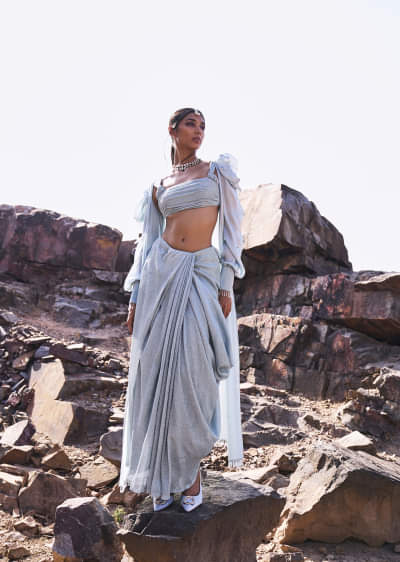 Buy White Drape Skirt Set With Jacket