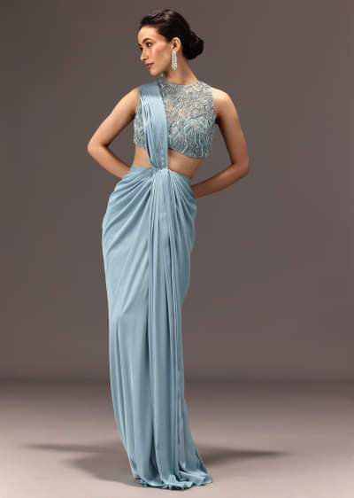 Buy Hand Embroidered Blouse And Drape Skirt With Cape