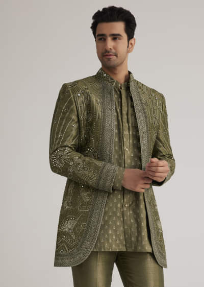 【激安大特価！】 Green Mehendi Buy Silk Set Jacket Kurta Zardosi その他