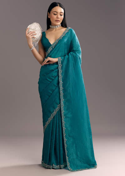 Teal Blue Crushed Tissue Stone Embellished Saree With Cutdana Scallop Border