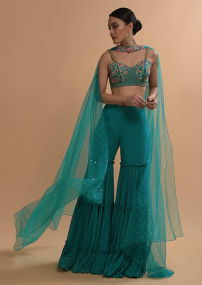 Teal Sharara And Crop Top Set With Colorful Resham, Cut Dana And Moti Embroidered Spring Blooms  
