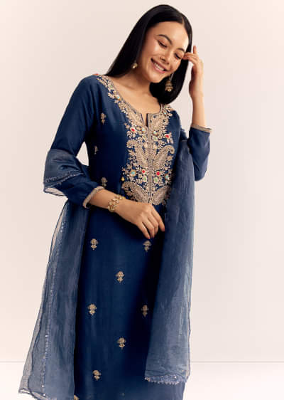 Teal Zardosi Work Kurta Pant With Dupatta