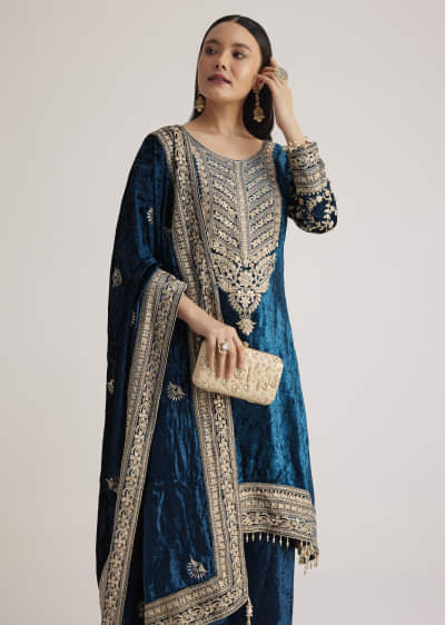 Teal Velvet Embroidered Palazzo Suit