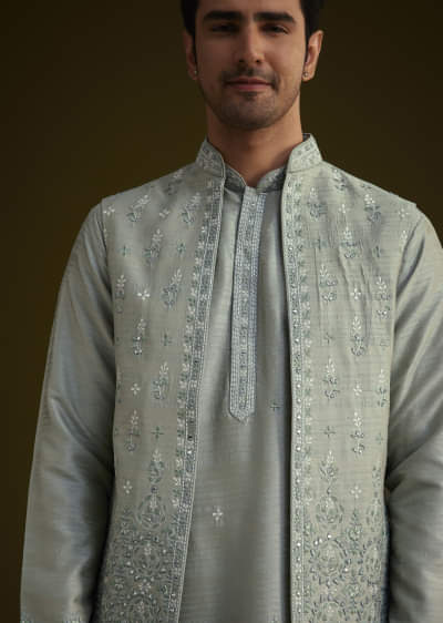 Pista Green Silk Jacket Set With Resham And Mirror Work