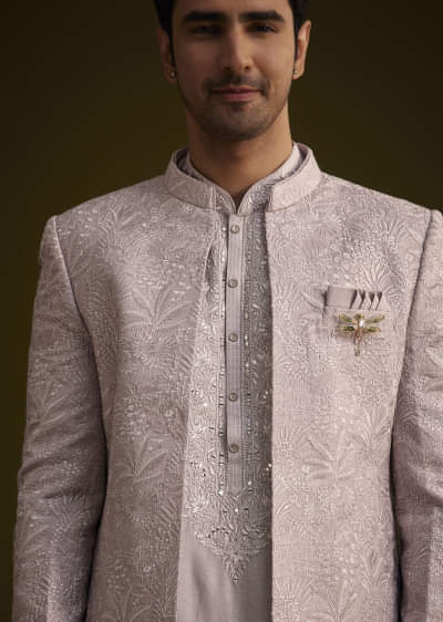 Wisteria Purple Silk Open Style Sherwani Set