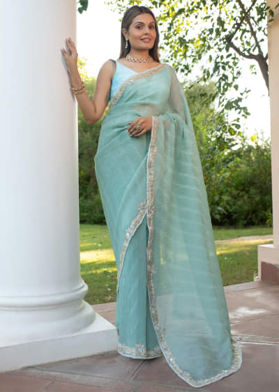 Turquoise Blue Crush Tissue Cutdana Work Saree With Embroidered Border