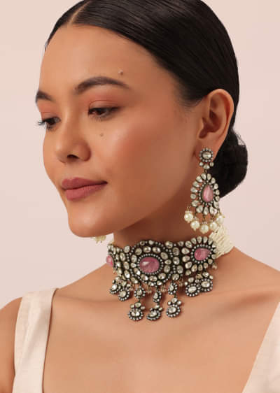 Two Tone Finish Victorian Polki Choker Set With Pearl Strings And Floral Motifs 