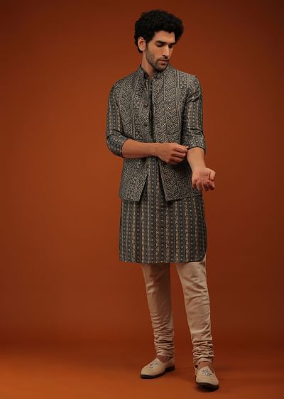 Buy Biking Red Nehru Jacket And Kurta Set In Bandhani Print Matching Kurta In Hand Block Print In Full Sleeves KALKI Fashion India