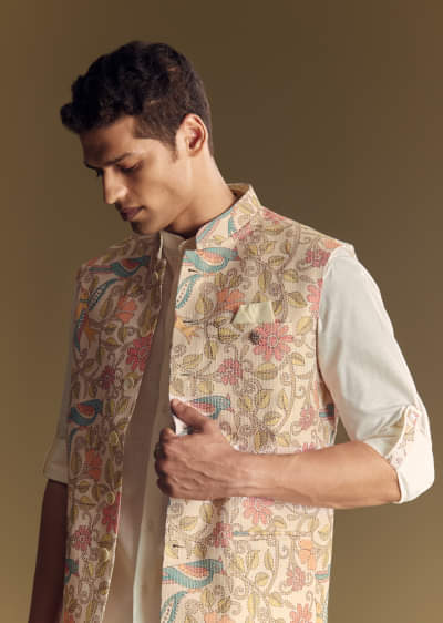 White Linen Jacket and Shirt Accentuated With Kantha Embroidery