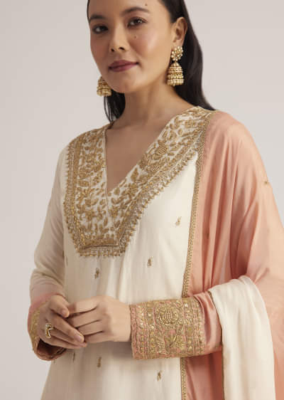 White and Peach Ombre Embroidered Suit