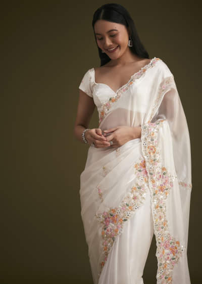 White Glass Tissue Saree With Floral Embroidery