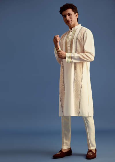 White Hand Block Printed Kurta Set With Zari Embroidery