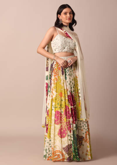 White Printed Lehenga With Thread Work Choli And Net Dupatta