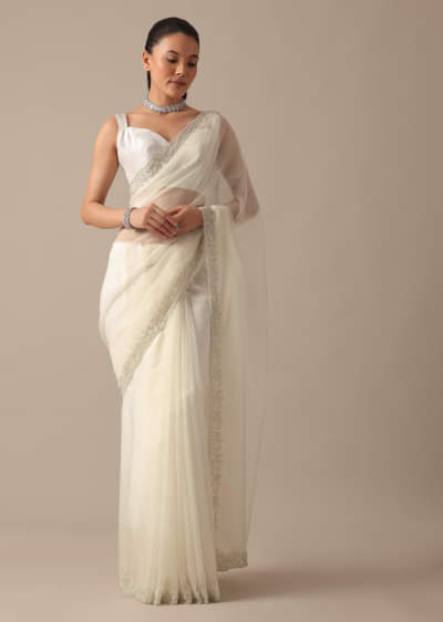 White Sheer Organza Saree With Scallop Cutwork And Unstitched Blouse Piece